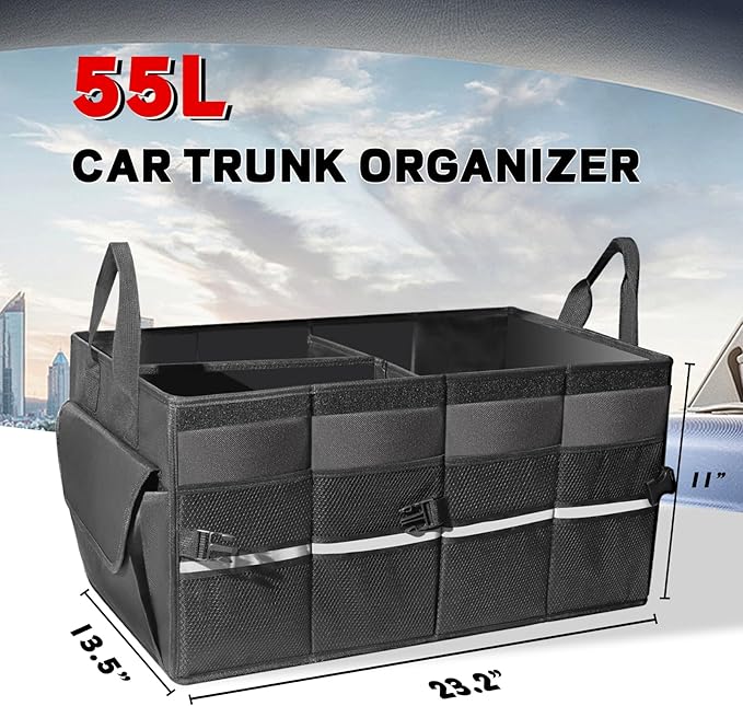 Car Organizer, Trunk Organizer for SUV, Waterproof Car Accessories for Women & Men, 55L Collapsible Trunk Organizer with Lid, 3 Compartment, 23.2"×13.5"×11"