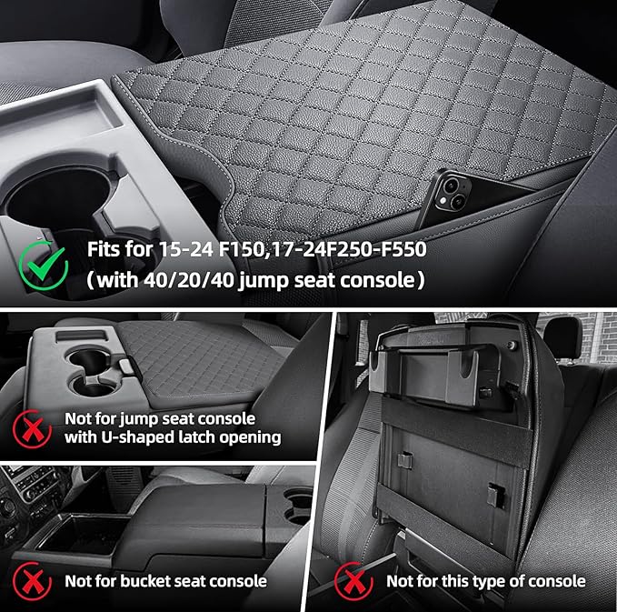 Center Console Cover Fit for Ford F150 2015-2025,2017-2025 F250 F350 F450 with 40/20/40 Jump Seat Armrest Accessories, Leather Armrest Cover Cushion with 2 Side Pockets Gray (Only Jump Seat)