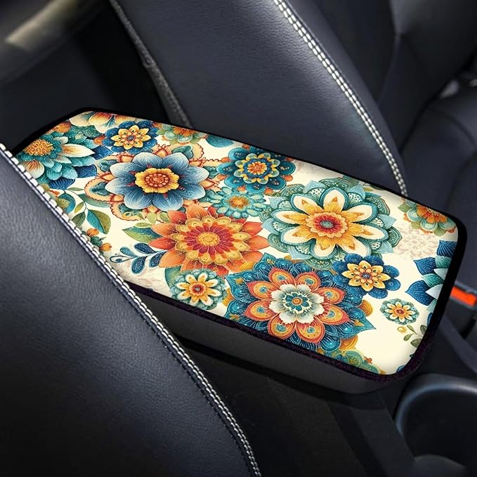Horeset Retro Flower Non-Slip Car Armrest Cover Cushion Universal Fit Silver Automobile Center Console Pad Decor Protector