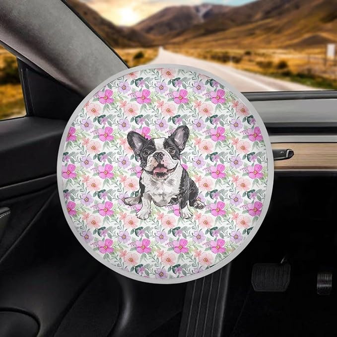 Retro Floral Boston Terrier Dog Pattern Washable Steering Wheel Sun Shade, Steering Wheels Accessories for Women Universal Block UV Rays Car Rudder Visor Fit Most Car SUV Truck Van