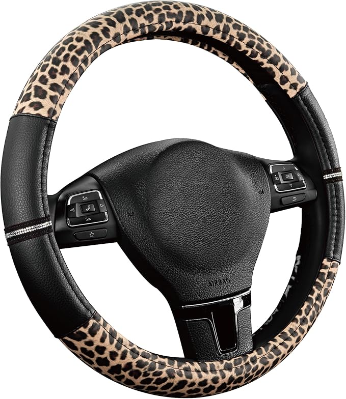 Road Comforts Leopard Steering Wheel Cover - Made with PVC Leather Cheetah Print - Anti-Slip, Universal Fit 14 1/2 inches to 15 inches - Black