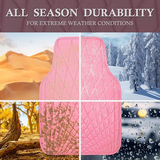CAR PASS Luxury Faux Leather Floor Mats for Cars, Waterproof All Weather Car Mats Full Set, Anti-Slip Deluxe Automotive Floor Mats Universal Fit for Most SUV,Vans,Sedans,Trucks, 4 Piece Pink