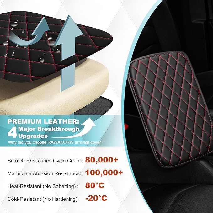 Center Console Cover Fit for Kia Optima 2006-2020 with 2 Storage Bags Waterproof Leather Quilted Pattern Car Armrest Cover Cushion Anti - Slip(Black&Red Line)