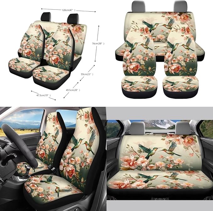 Hummingbird Flower Printed Car Accessories Sets for Women, Universal Front and Rear Split Bench Seat Covers for Cars with Matching Steering Wheel Cover Trash Can Air Vent Storage Bag Coaster