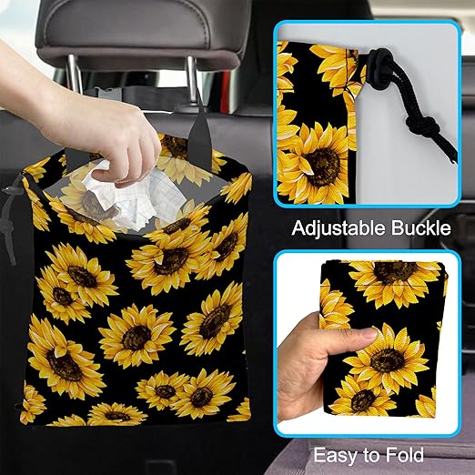 ghatobty Car Trash Bag Sunflower Car Garbage Bag Hanging Car Trash Can for Back Seat with Drawstring