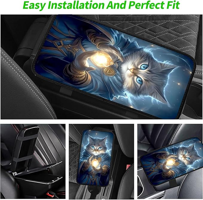 JANENFNA Car Armrest Cover Pads Universal Fashion Cute Auto Center Console Armrest Cover Pad with 2PCS Car Coasters Soft Waterproof Car Armrest Seat Protector for Women,Magic Blue Cat