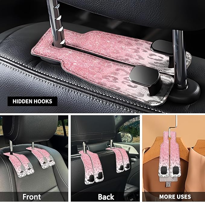 NUGGHU Car Seat Headrest Hook, Universal Leather Cute Hanger Holder Hook, Storage Organizer Interior Accessories for Purse Bags Handbag Pink Glitter Leopard