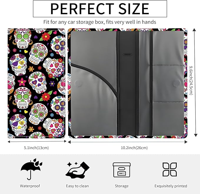 BAUCIWLD Premium Car Registration and Insurance Card Holder, Cute PU Leather Car Document Holder, Vehicle Glove Box Car Organizer with Magnetic Closure for Driver License, Cards Floral Skull