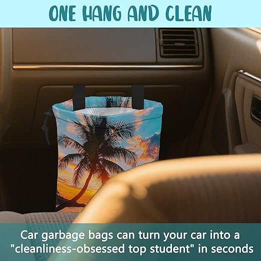 KXWQTRDD Car Garbage Bag Palm Tree Sunset at a Beach Hanging Canvas Car Trash Bag Drawstring Car Back Seat Organizer for Car Back Front Seat Console with Adjustable Buckle