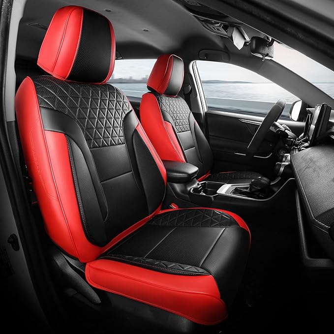 FEINEPRO Red and Black Car Seat Covers Only Front 2pc - Breathable Faux Leather Universal Seat Covers for Cars, Automotive Protector Fit for Most Sedan SUV Pick-up Truck