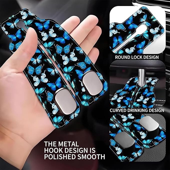 Purse Hook for Car Watercolor Blue Butterflies 1 Pack Headrest Back Seat Hook Premium Leather Double Metal Hanger Storage Pack Bag Purse Holder Car Interior Accessories