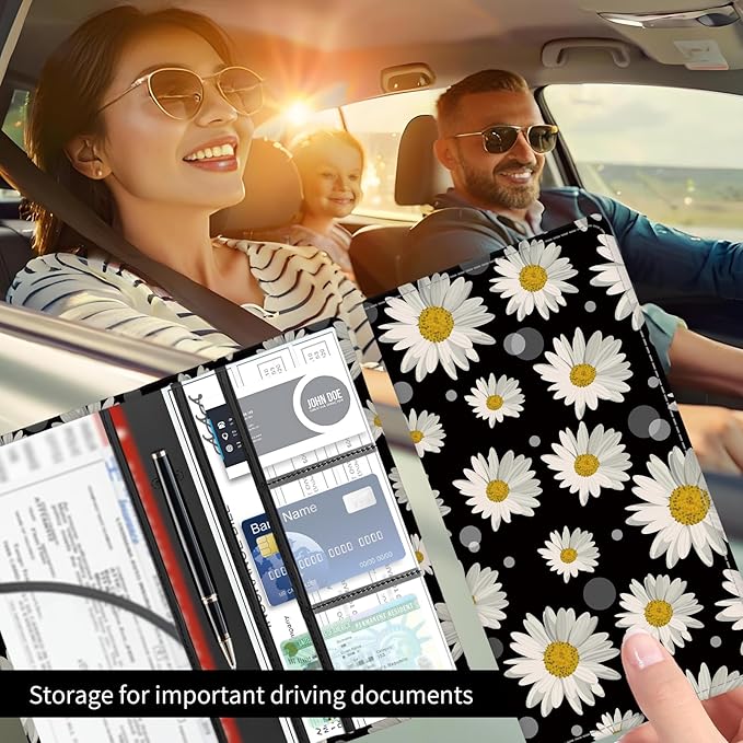 BAUCIWLD Premium Car Registration and Insurance Card Holder, Cute PU Leather Car Document Holder, Vehicle Glove Box Car Organizer with Magnetic Closure for Driver License, Cards White Daisy