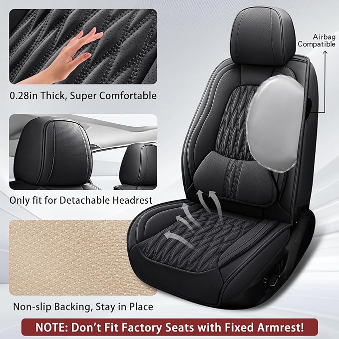 WELLDOCar Seat Covers Full Set, Premium Nappa Leather Seat Covers for Car, Waterproof Car Seat Protector with Lumbar Support, Automotive Seat Covers Universal Fit for Most Cars SUV Truck, Black,w02.