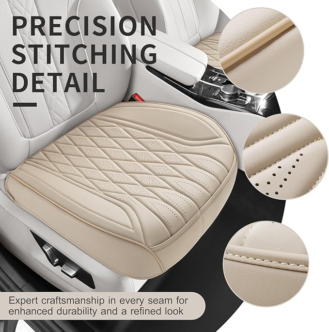 EQUIDEVDY 2 Pack Leather Bottom Car Seat Covers,Front Seat Covers for Cars,Driver Car Seat Cover,Luxury Faux Leather Seat Protectors,Full Wrap,Waterproof,for Most Vehicles,Sedan,SUV,Truck (Beige)