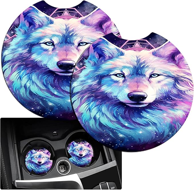 JANENFNA Car Armrest Cover Pads Universal Fashion Cute Auto Center Console Armrest Cover Pad with 2PCS Car Coasters Soft Waterproof Car Armrest Seat Protector for Women,Cosmic Wolf