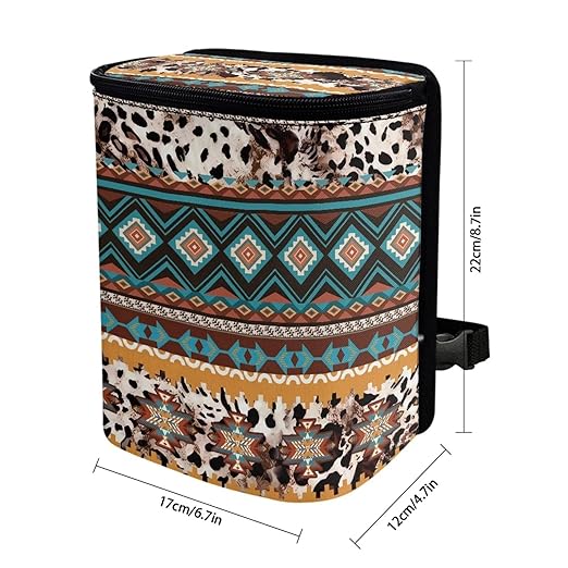 Southwestern Tribal Aztec Cowhide Hanging Trash Can for Car,Leak Proof Multipurpose Trash Bin Can with Lid,Universal Fit Most Vehicle