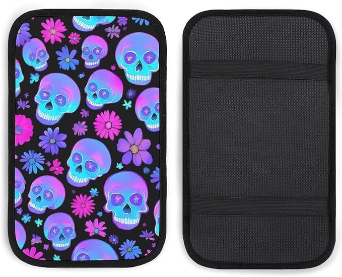 Auto Center Console Cover Neon Purple Flowers Floral Skull Car Armrest Pad Seat Box Cushion Car Accessories Decor Universal Fit Most Vehicles Trucks