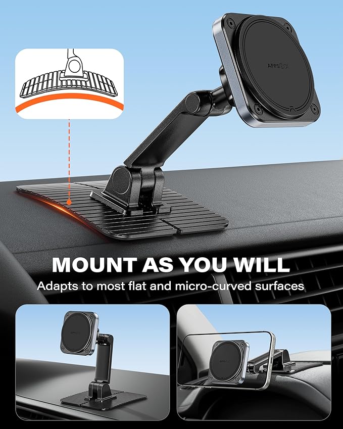 APPS2Car Magnetic Phone Holder for Car, 360° Adjustable Car Cell Phone Holder Mount with Large Adhesive Base, Fits Flat & Curved Dashboards, Compatible with Magsafe iPhone, Samsung, Smartphones