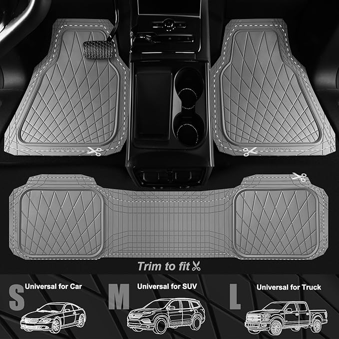 CAR PASS Heavy Duty Rubber Car Floor Mats, Deep Dish All Weather Car Mats Full Set, 3 Piece Waterproof Premium Anti-Slip Floor Mats Rugs Universal Trim to Fit for 95% Sedan SUV Van Truck, All Gray