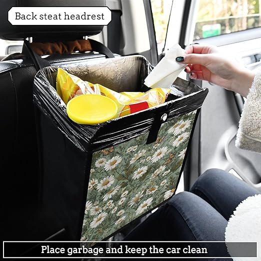 Car Trash Can Organizer Bin with Adjustable Strap for Back Front Seat Console Waterproof Leakproof Collapsible Portable 8.66 Inch Summer Daisy Butterfly Green