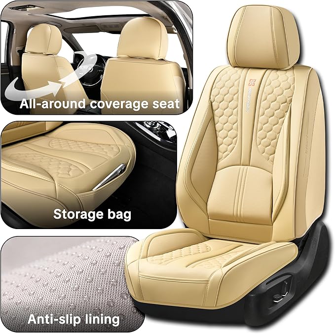 Wertigen Beige Leather Car Seat Covers - Luxury Waterproof Car Seat Protectors with Lumbar Support, Non-Slip Base, Airbag Compatibility, Easy Installation and Cleaning