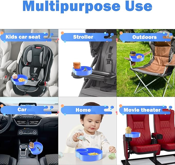 Kids Car Seat Tray, Travel Tray with Cup Holder for Toddler, Kids Car Seat Food Snack Holder for Road Trip, Stroller Snack Organizer travel must haves - Blue Color