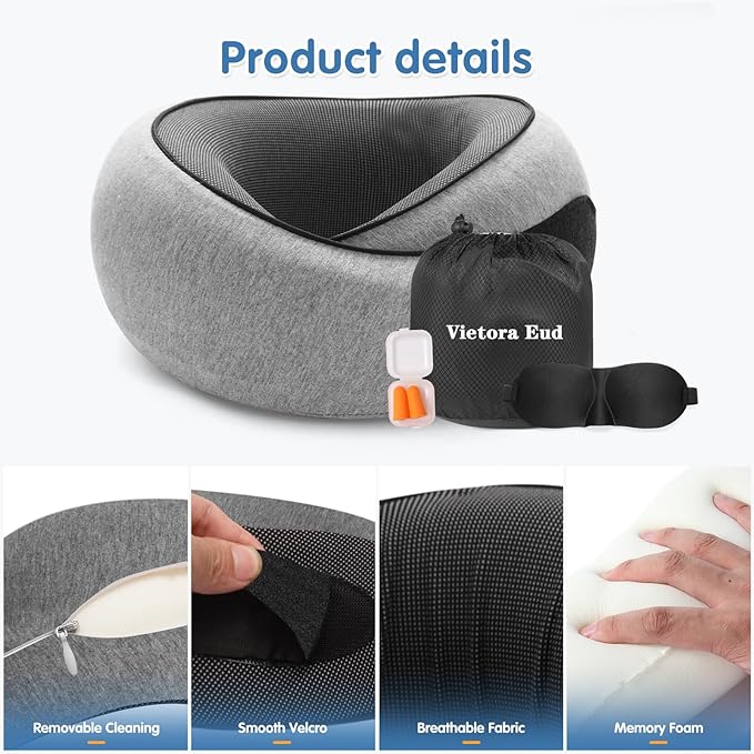 Vietora Eud Travel Neck Pillow, Memory Foam Neck Support for Airplane, Car & Office, Breathable Portable Design with Eye Mask, Earplug Holder & Carry Bag, for Christmas & New Year