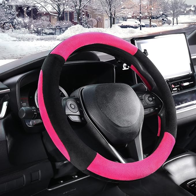 SEG Direct Steering Wheel Cover for Car, Standard Size 14.5-15 inch, Auto Interior Accessories, Plush Warm Velvet, Summer Winter, Pink