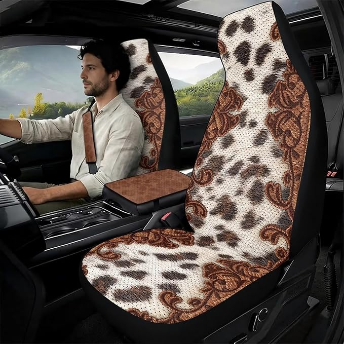 Psesaysky 5 PCS Car Accessories Interior Set for Men Women, Brown Cowhide Front Auto Seats Protectors with Seatbelt Pads, Middle Storage Organizer Pads