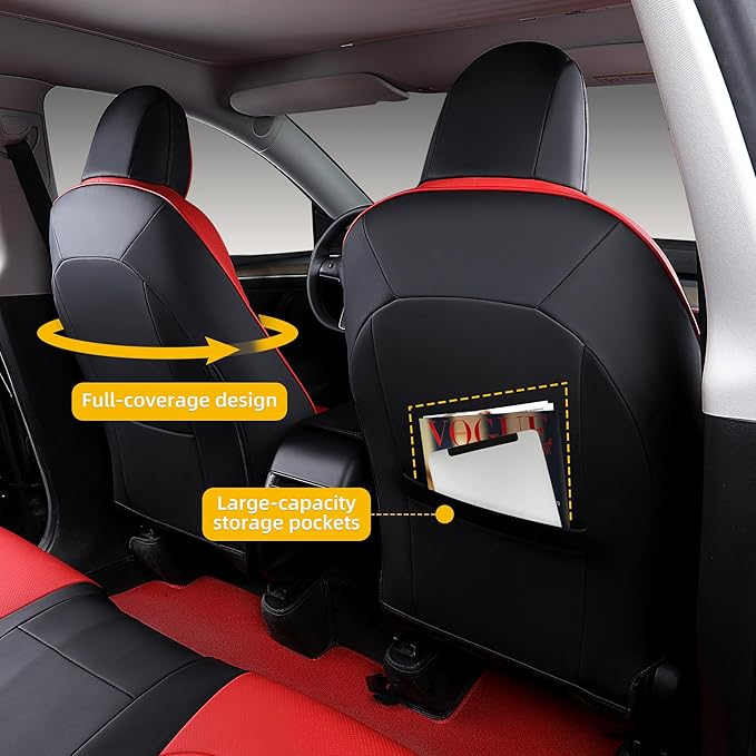 OURPLOT Custom Fit Seat Covers for 2020-2024 Tesla Model Y (5-Seater), Waterproof Nappa Leather, OEM Factory Style Full Set Car Seat Protectors Airbag Compatible - Red
