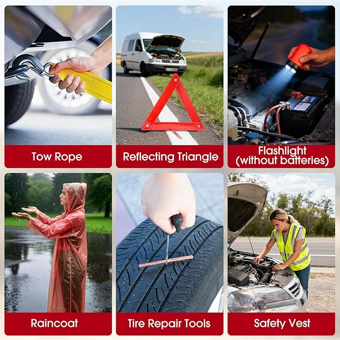 Roadside Emergency car kit, 12PCS car Emergency Kits for Vehicles with Jumper Cables, Portable Air Compressor, Tow Strap, Tool Kit, Emergency kit for Women,Man, New Driver Gifts