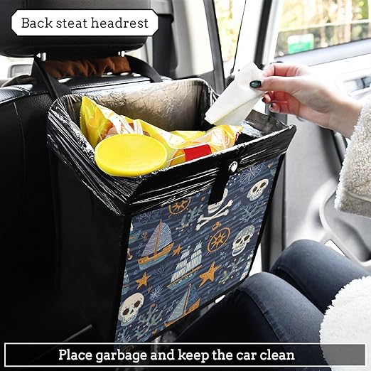 Car Trash Can Organizer Bin with Adjustable Strap for Back Front Seat Console Waterproof Leakproof Collapsible Portable 8.66 Inch Blue Pirate Skulls Sailboats Starfish and Compass