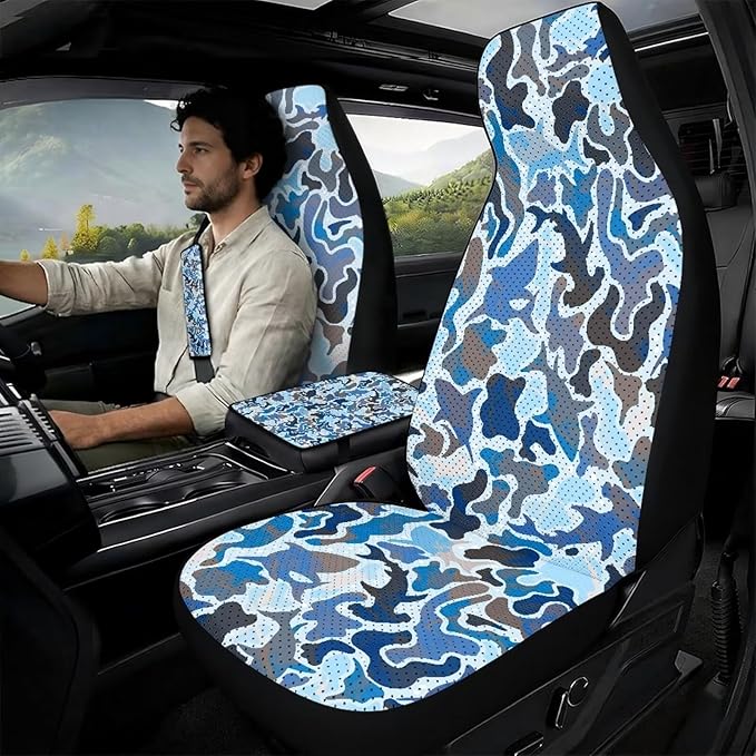 Oramclsy Camouflage Heavy Duty Car Seat Covers with Armrest Pad 2 Pack Seatbelt Pad Universal Fit Most Truck SUVs Van Vehicle