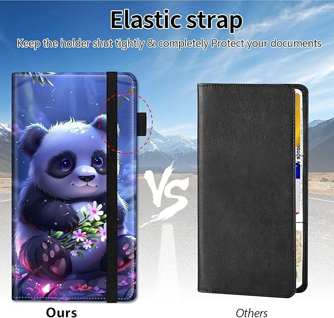 Qindaiwen Car Registration and Insurance Holder, Vehicle Card Document Elastic Band Closure Glove Box Organizer, Driver License Cards, Car Accessories for Essential Info, Lovely Panda