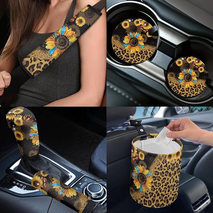 Dngkaoje Leopard Sunflower Car Seat Covers Full Set 13 Pcs Hippie Sunflower Car Accessories Set with Hanging Trash Can,Seatbelt Shoulder Pads,Steering Wheel Covers,Fit for Most Truck SUV