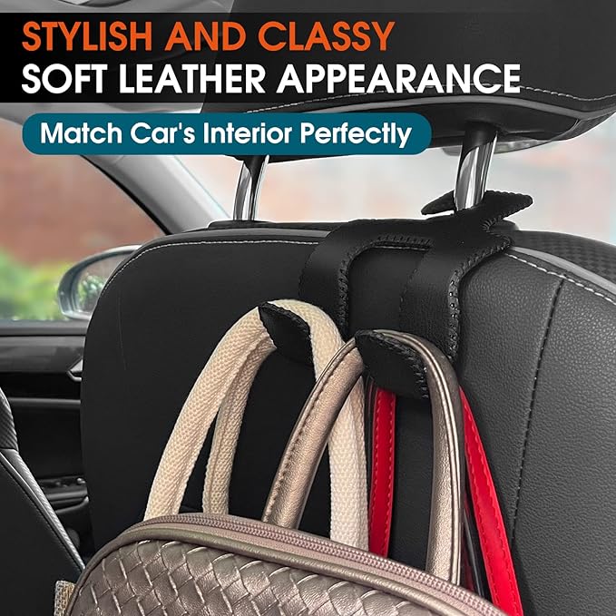 LANVRION Car Headrest Hooks for Purses and Bags, Upgraded 2 in 1 Cars Back Seat Head Rest Hanger Vehicle Leather Organizer Storage Holder Hook Matching Cars Interior, 1-Pack, Black