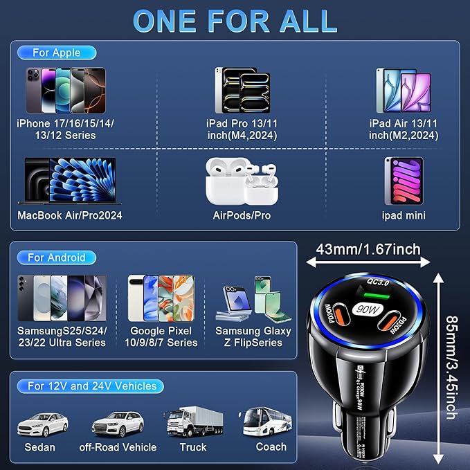 Amiss Car Charger Adapter, 3 Port USB-C & USB-A 90W Fast Charger, Car Interior Accessories, Essential Travel Gifts for Men and Women, Fit for iPhone 17/16/15/14/13Pro Max, Samsung, Android (Black 1pc)