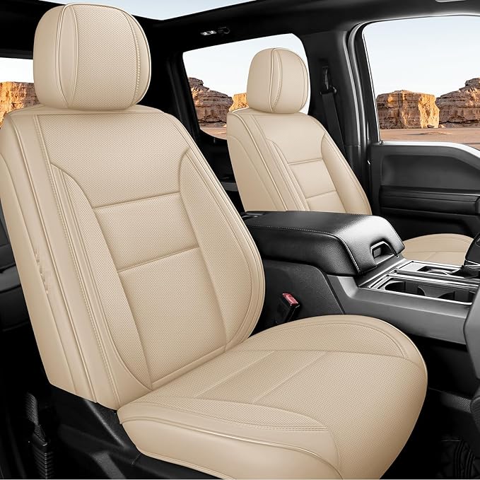 EQUIDEVDY Seat Covers for Chevy Silverado GMC Sierra,2007-2025 1500/2500/3500HD Crew,Double,Extended Cab Truck Breathable & Waterproof Faux Leather Seat Covers(Beige Full Set)