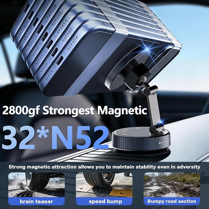 Wireless Car Mount Charger for MagSafe [15W Faster Charging, 120+LBS Suction & 2800gf Strongest Magnetic, RGB Lighting] 360° Adjustable Vacuum Phone Holders for Your Car Charger for iPhone