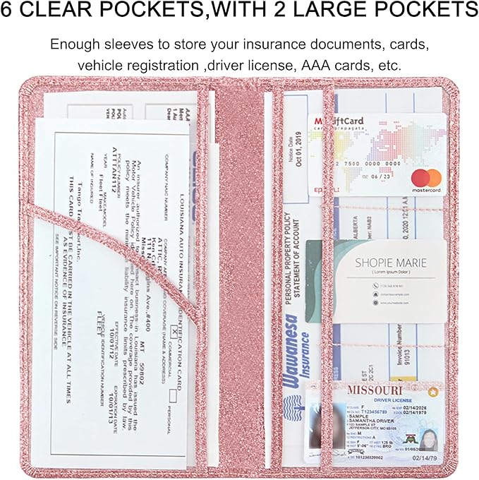 Car Registration and Insurance Holder, Premium Leather Insurance and Registration Holder,vehicle Glove Box Car Organizer, with Magnetic Shut for Cards, Driver License (Glitter Rose Gold)