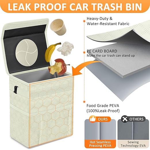 Vankor White Car Trash Can Cute, White Car Accessories for Women Waterproof Automotive Garbage Cans Leak Proof Vehicle Trash Can Diamond Pattern-Beige