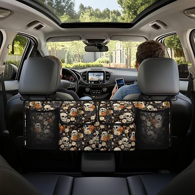 Skull Car Trunk Organizer and Storage, Flower Car Accessories for Women Large Capacity Space-Saving Back Seat Car Organizer for SUV/MPV/Truck/Sedan, It Easy to Find Things