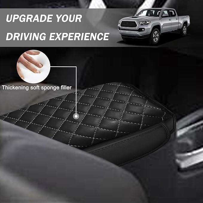 SENSHINE 1.2in Thickness Center Console Cover for Tacoma Accessories 2024 2025 2026 Armrest Cover Leather Armrest Box Lid Protector Cushion Pad with Pockets Interior (Gray Stitch)
