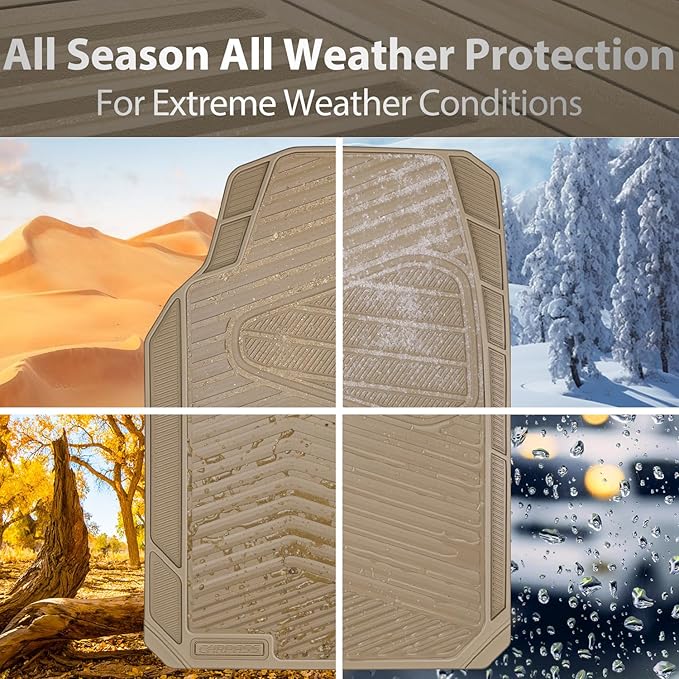 CAR PASS Rubber Car Mats, Waterproof Car Floor Mats All Weather Car Mat Full Set 3 Piece, Tan Automotive Floor Mat Trim to Fit for Cars Sedan SUVs Trucks, Anti-Slip Easy Clean, All Beige