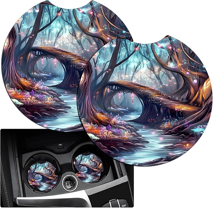 JANENFNA Car Armrest Cover Pads Universal Fashion Cute Auto Center Console Armrest Cover Pad with 2PCS Car Coasters Soft Waterproof Car Armrest Seat Protector for Women,Dream Forest Bridge