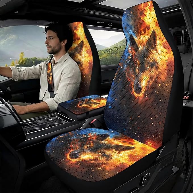 Qeluxign Fire Wolf Head PU Leather Car Seat Cover Set of 5 Auto Accessories 2 Front Bucket Seat Covers, 2 Seatbelt Pads & 1 Armrest Cover, Easy to Install