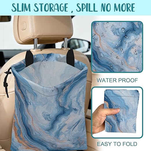KXWQTRDD Car Garbage Bag Abstract Blue and Gold Marble Drawstring Car Trash Bag Hanging for Back Seat with Adjustable Buckle Canvas Vehicle Trash Can Easy-to-Install