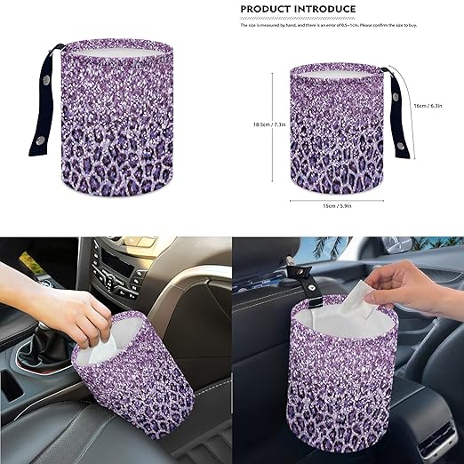 Car Trash Can with Hanging for Back Seat, Car Accessories for Women Men Automotive Garbage Cans Vehicle Trash Can for Truck SUVBling Purple Leopard Print