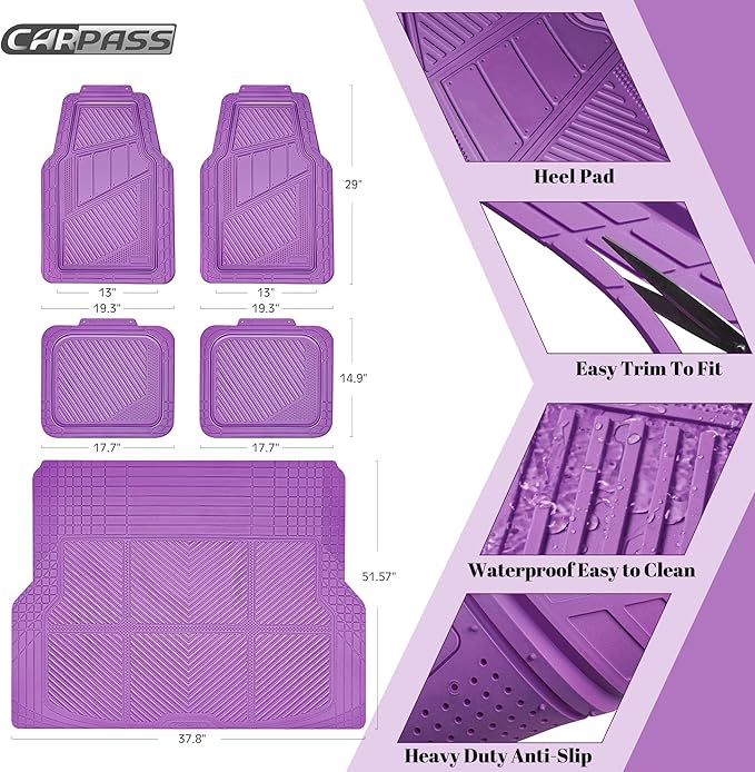 CAR PASS Heavy Duty Rubber Floor Mats Gray Car Mats Full Set with Trunk Cargo Liner - Universal Waterproof Floor Mats for Car SUV Truck, Durable All Weather Automotive Liner Mats (All Purple)
