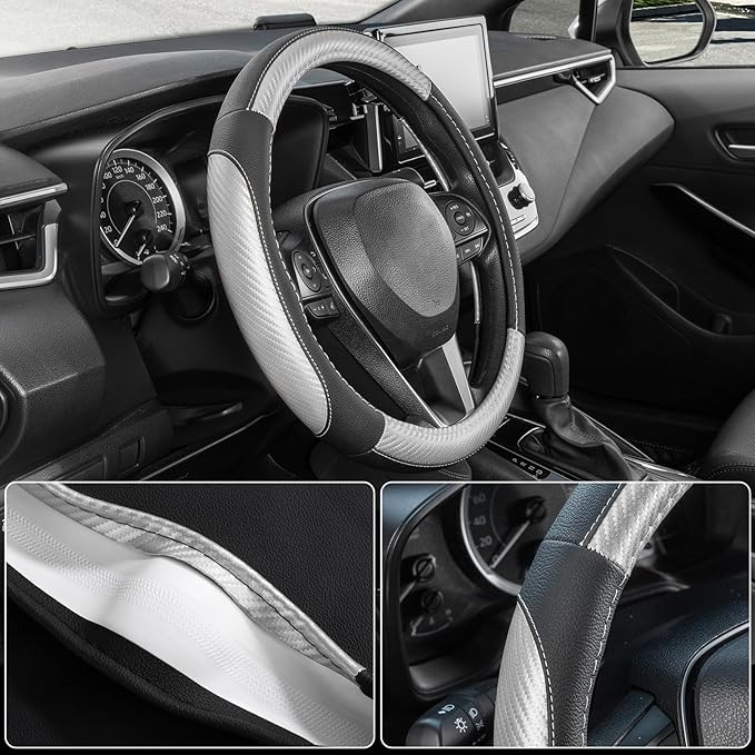 SEG Direct Steering Wheel Cover for Car, Standard Size 14.5-15 inch, Auto Interior Accessories, Black with Sliver Carbon Fiber Pattern